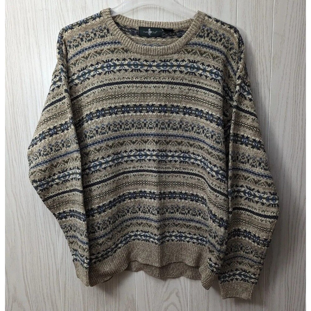 Vintage 90s Hunt Club Aztec Tribal Western Knit Sweater Striped XL Silk Blend